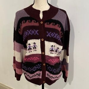 VTG Multicolor Cardigan Hand Knit Sweater 100% Baby Alpaca Wool M/L Peru